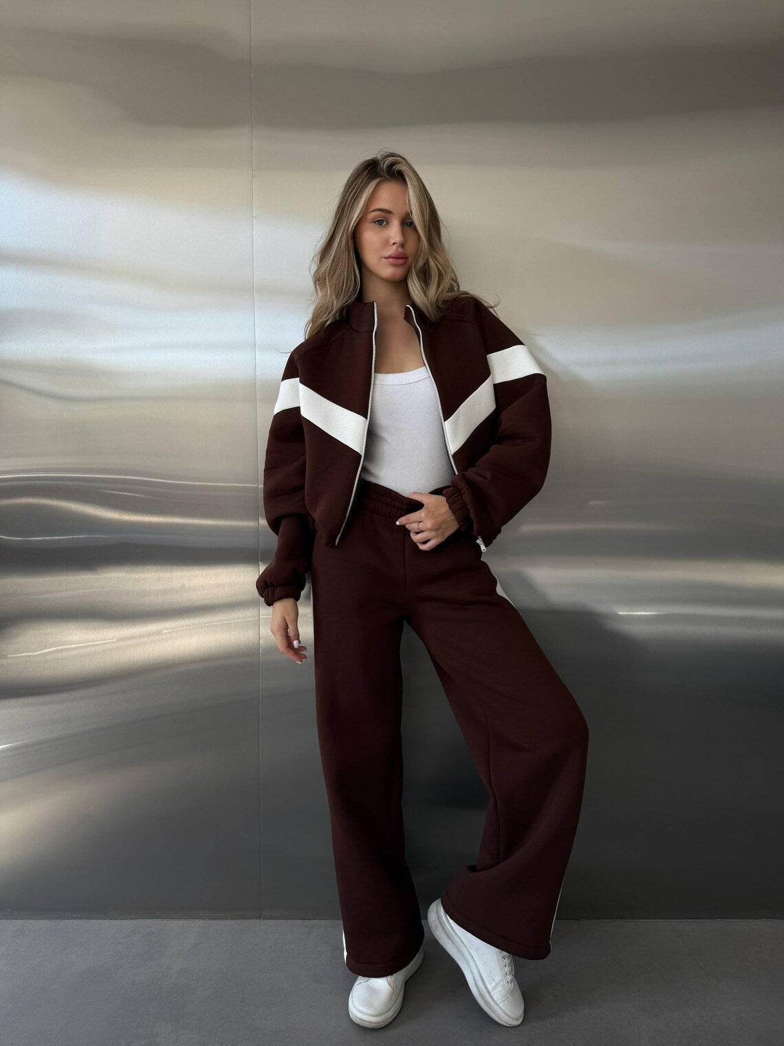Womens Tracksuit Set with Contrast Panels, Fleece Two Piece Set, Zip Up Hoodie, Streetwear Tracksuit