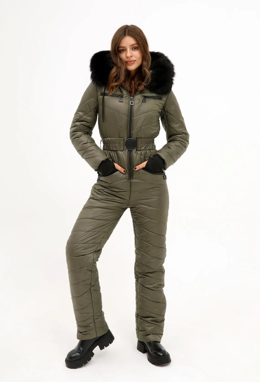 Luxe Ski Jumpsuit - Waterproof One-Piece Snowsuit with Faux Fur Hood - Olive Green