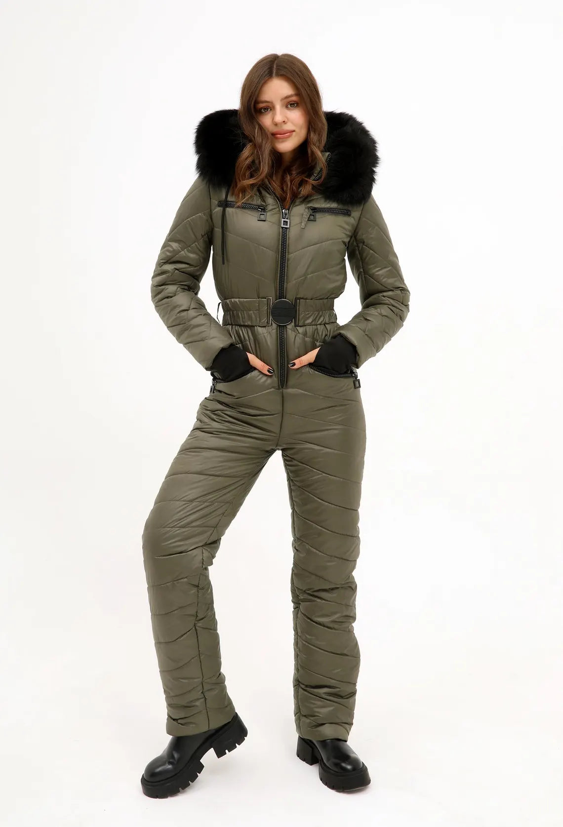 Luxe Ski Jumpsuit - Waterproof One-Piece Snowsuit with Faux Fur Hood - Olive Green