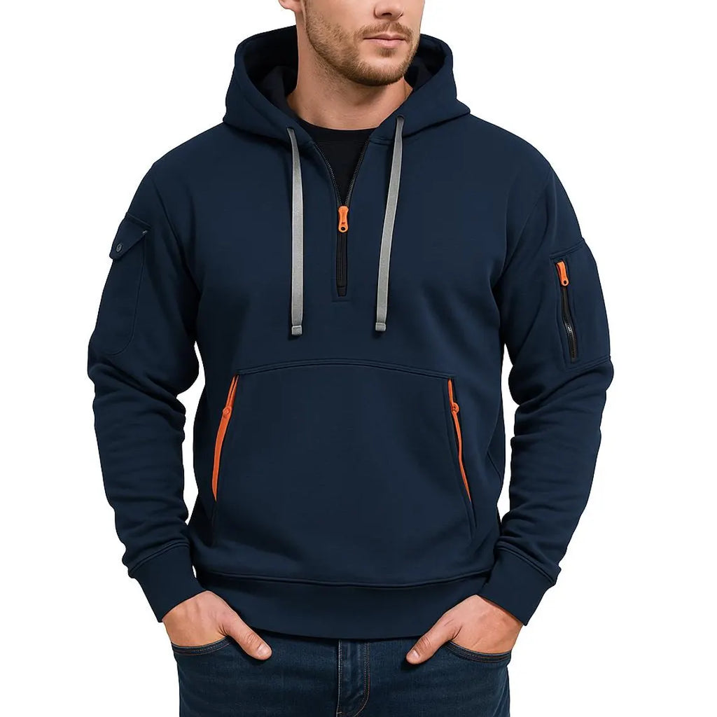 Men’s Utility Pocket Half Zip Hoodie | Casual Streetwear Pullover Sweatshirt | Warm Winter Top