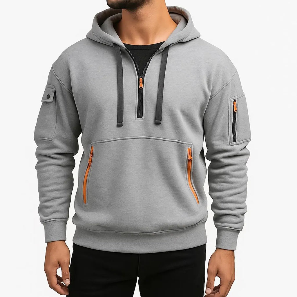 Men’s Utility Pocket Half Zip Hoodie | Casual Streetwear Pullover Sweatshirt | Warm Winter Top