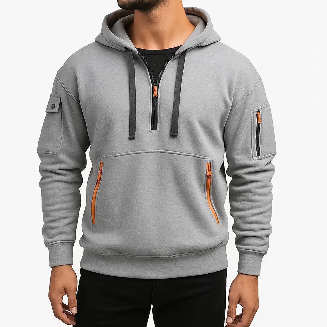 Men’s Utility Pocket Half Zip Hoodie | Casual Streetwear Pullover Sweatshirt | Warm Winter Top