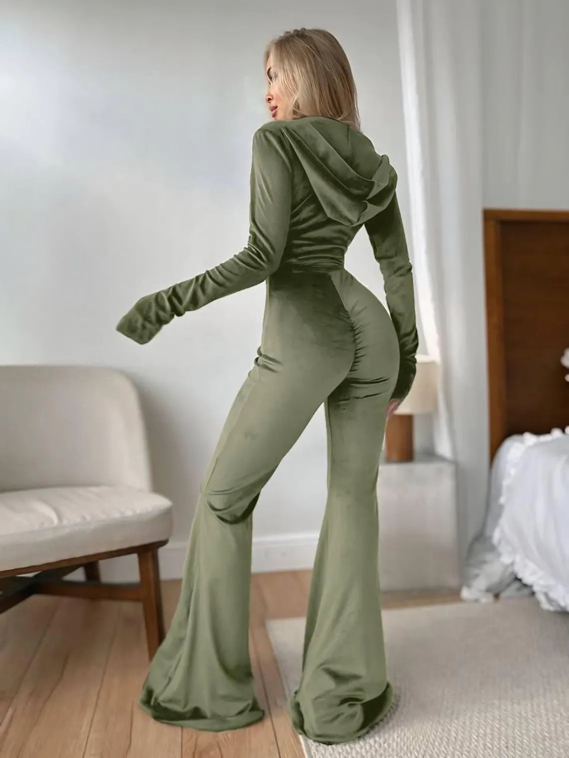 Velvet Belted Jumpsuit, Silk Velvet Hooded Bodysuit, Flared Leg Zip Up Jumpsuit, Bodycon Lounge Wear, Elegant Party Romper