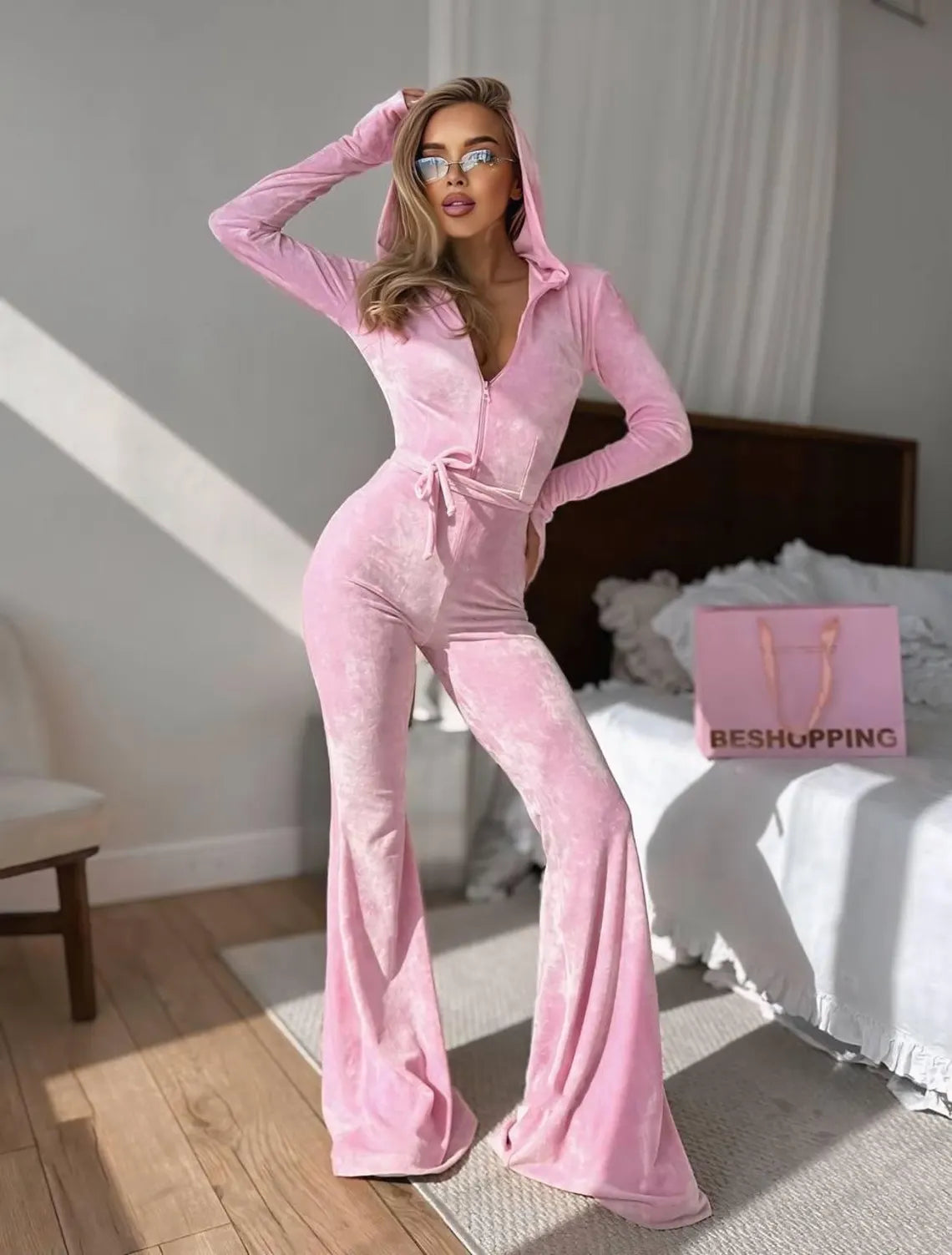 Velvet Belted Jumpsuit, Silk Velvet Hooded Bodysuit, Flared Leg Zip Up Jumpsuit, Bodycon Lounge Wear, Elegant Party Romper