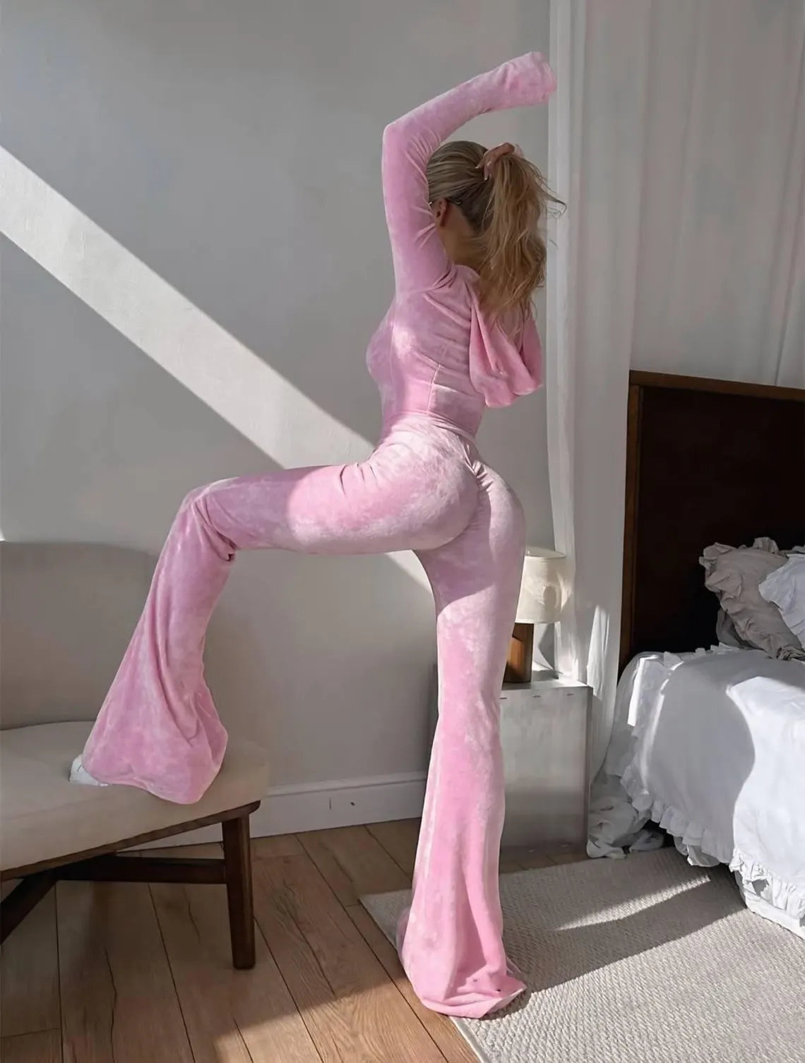 Velvet Belted Jumpsuit, Silk Velvet Hooded Bodysuit, Flared Leg Zip Up Jumpsuit, Bodycon Lounge Wear, Elegant Party Romper