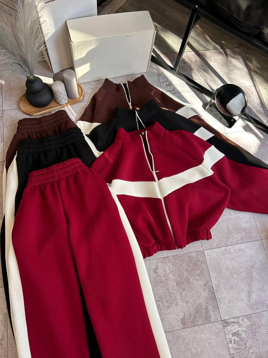 Womens Tracksuit Set with Contrast Panels, Fleece Two Piece Set, Zip Up Hoodie, Streetwear Tracksuit