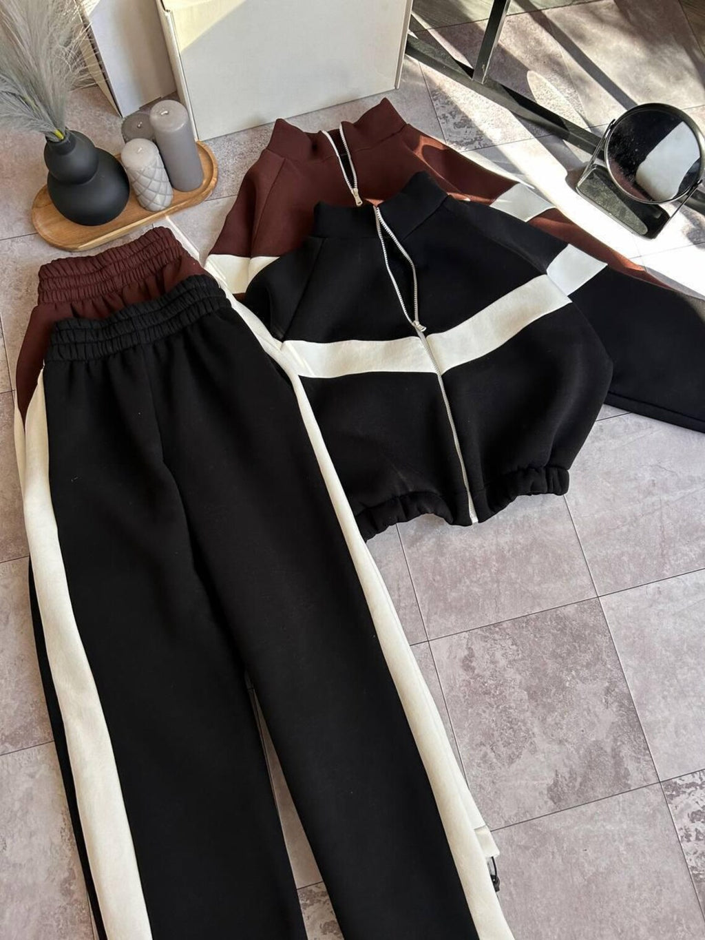 Womens Tracksuit Set with Contrast Panels, Fleece Two Piece Set, Zip Up Hoodie, Streetwear Tracksuit