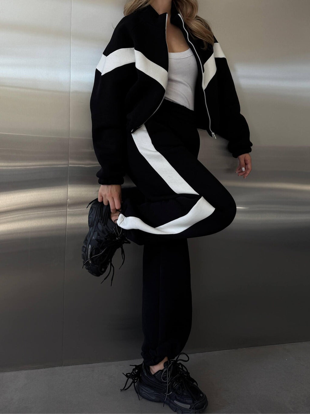 Womens Tracksuit Set with Contrast Panels, Fleece Two Piece Set, Zip Up Hoodie, Streetwear Tracksuit