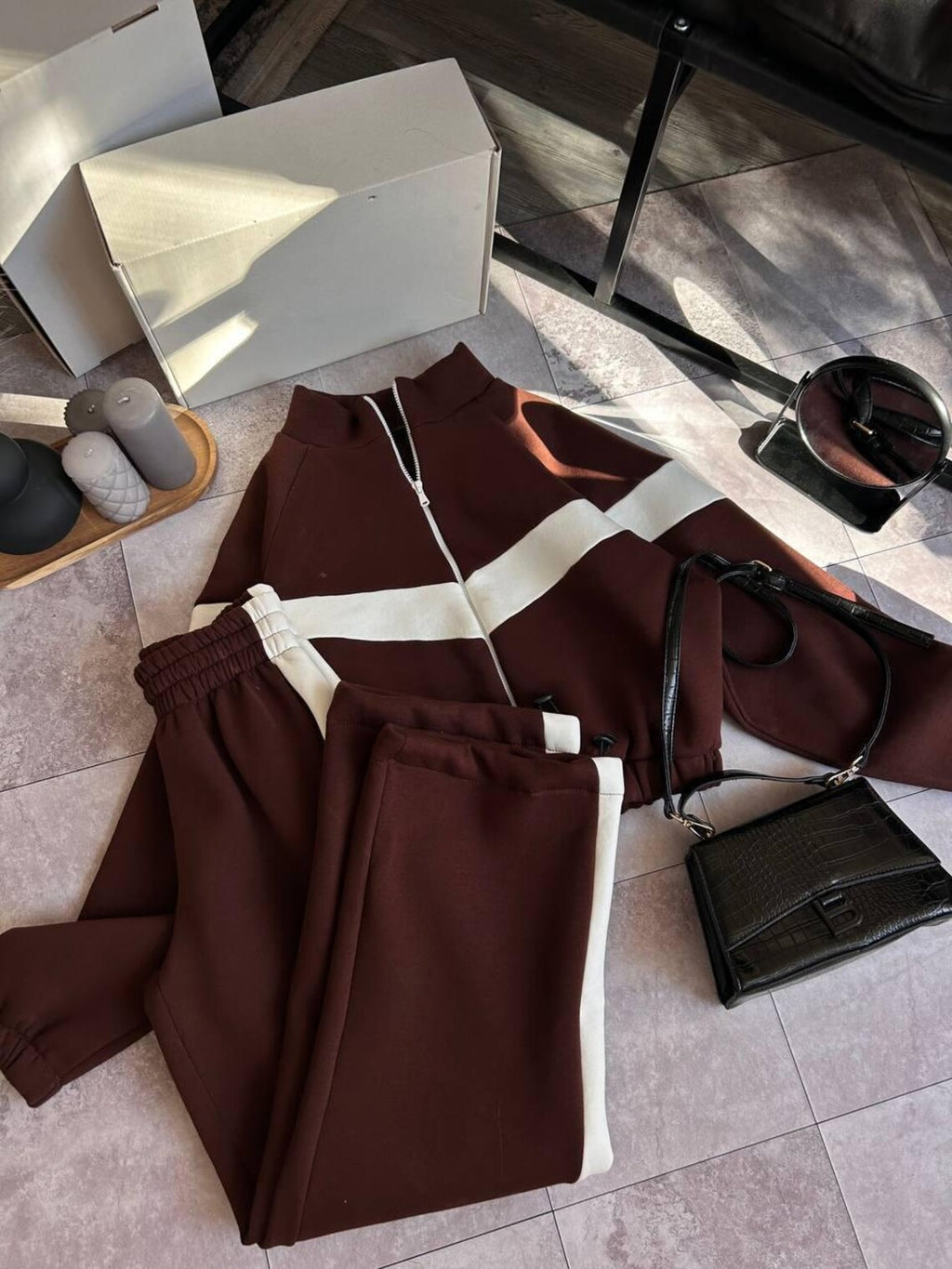 Womens Tracksuit Set with Contrast Panels, Fleece Two Piece Set, Zip Up Hoodie, Streetwear Tracksuit