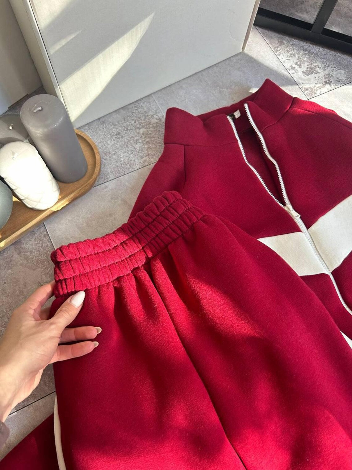 Womens Tracksuit Set with Contrast Panels, Fleece Two Piece Set, Zip Up Hoodie, Streetwear Tracksuit