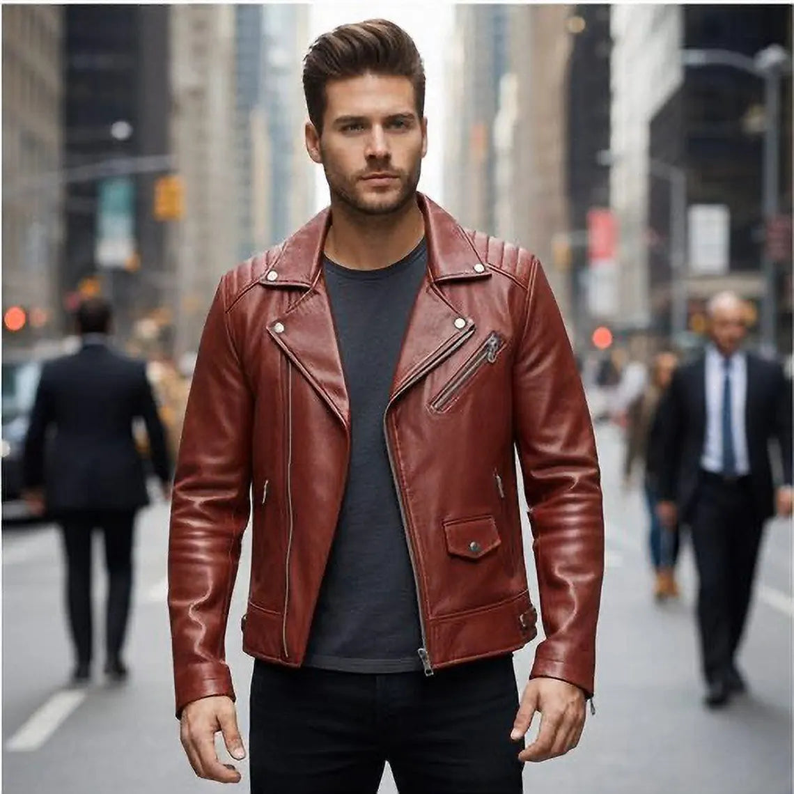 Men Handcrafted Leather Biker Jacket – Slim Fit