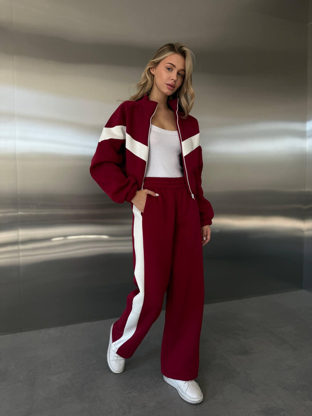 Womens Tracksuit Set with Contrast Panels, Fleece Two Piece Set, Zip Up Hoodie, Streetwear Tracksuit