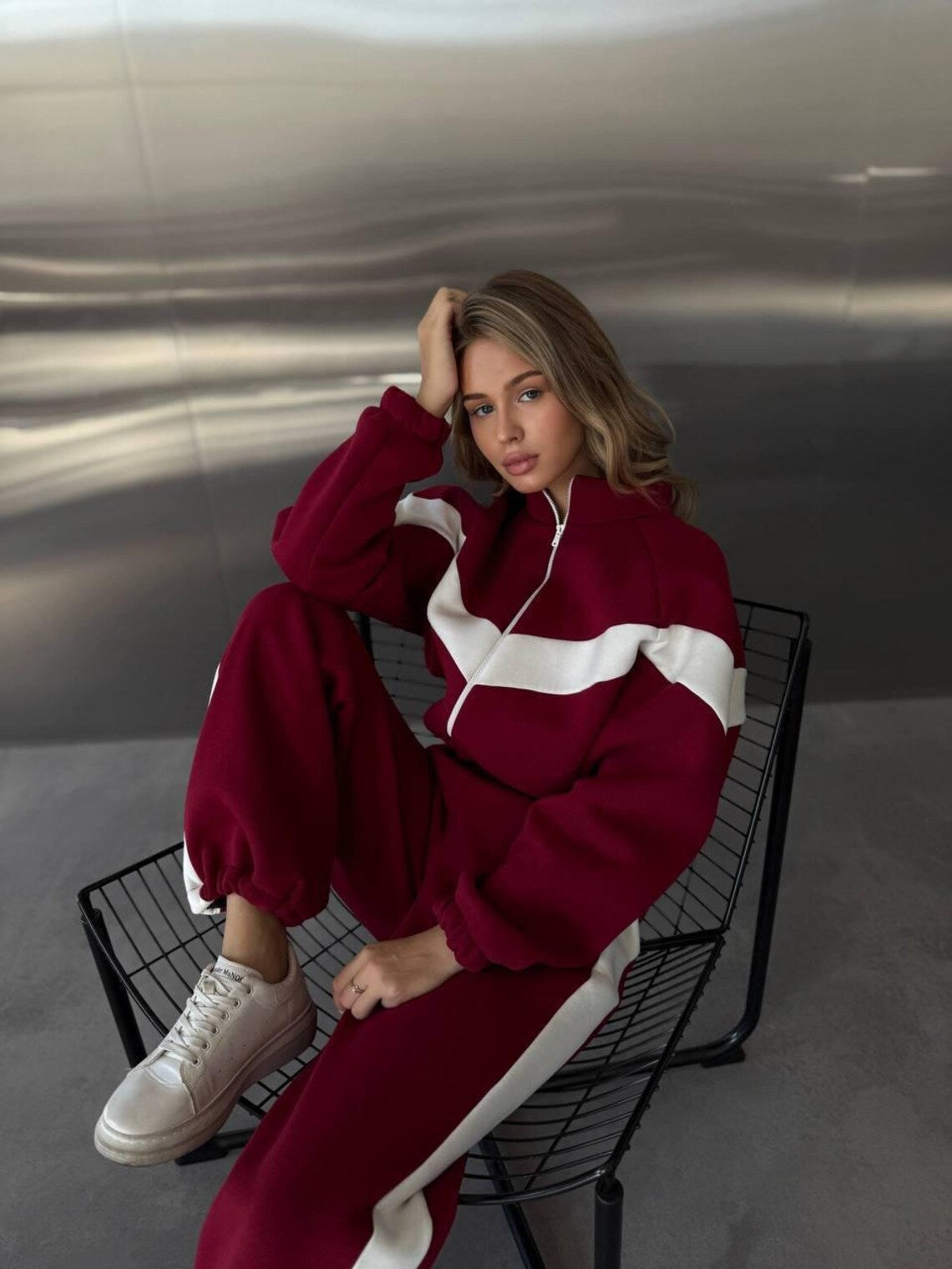 Womens Tracksuit Set with Contrast Panels, Fleece Two Piece Set, Zip Up Hoodie, Streetwear Tracksuit