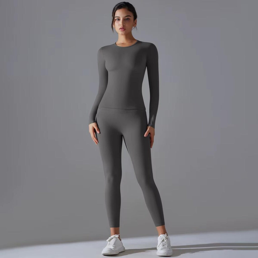 Seamless Yoga Set: High Waist Leggings with Pocket, Long Sleeve Crop Top
