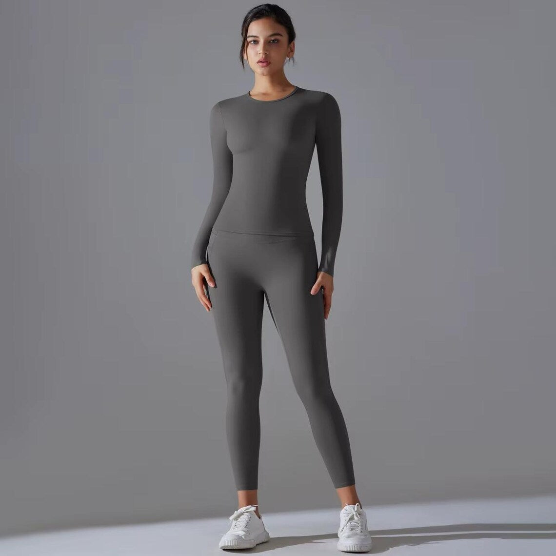 Seamless Yoga Set: High Waist Leggings with Pocket, Long Sleeve Crop Top
