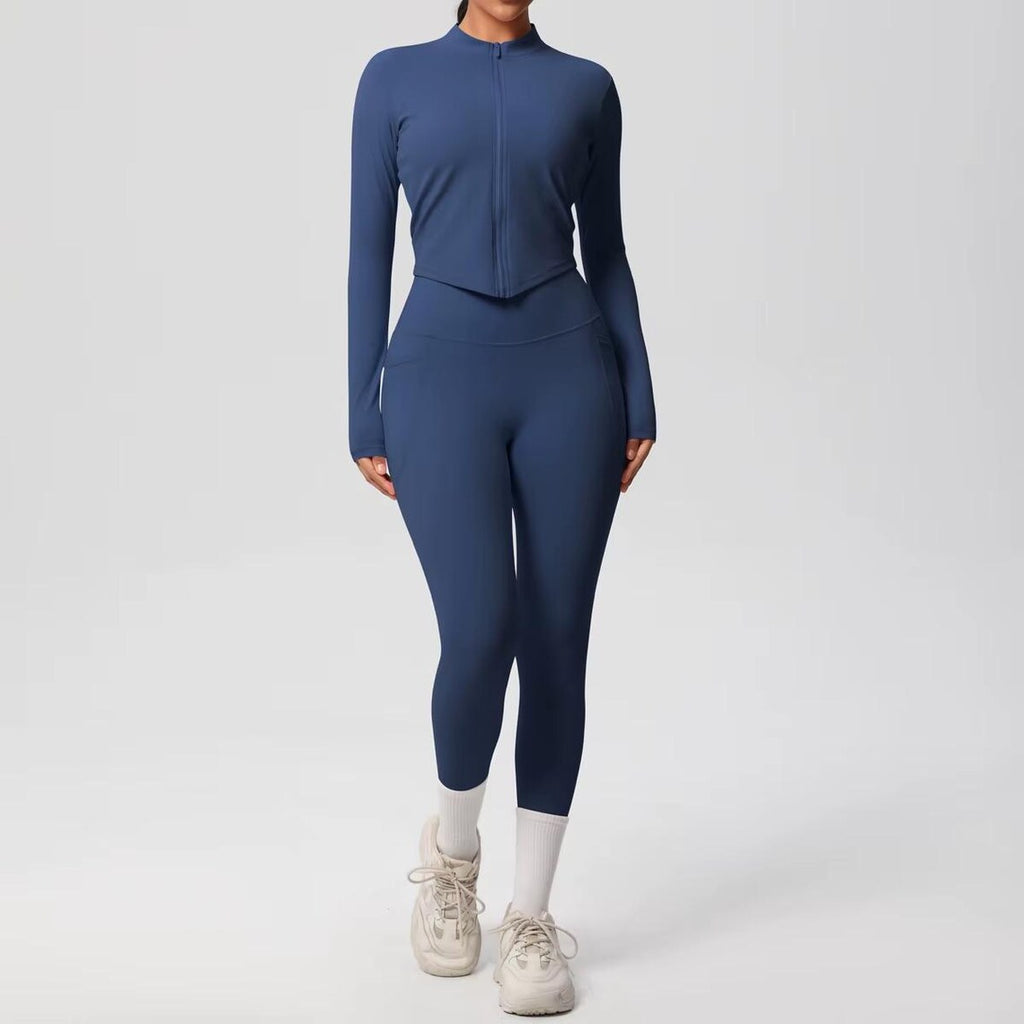 2-Piece Yoga Set: Zipper Shirt, Pocket Leggings, High-Stretch Nylon Gym Suit