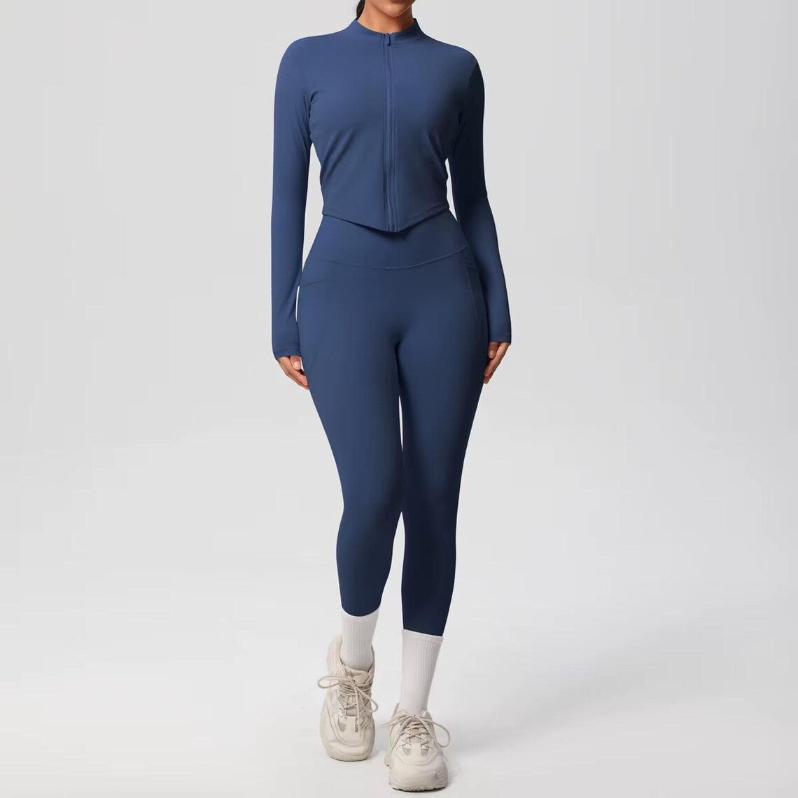 2-Piece Yoga Set: Zipper Shirt, Pocket Leggings, High-Stretch Nylon Gym Suit