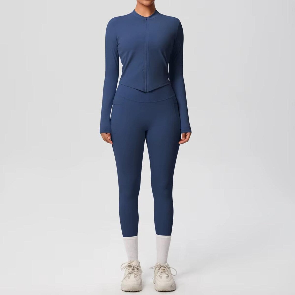 2-Piece Yoga Set: Zipper Shirt, Pocket Leggings, High-Stretch Nylon Gym Suit