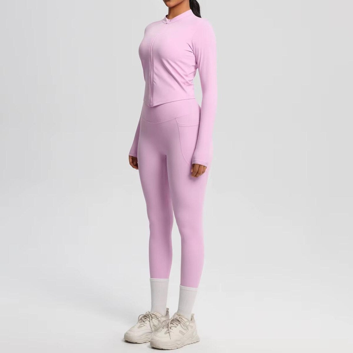 2-Piece Yoga Set: Zipper Shirt, Pocket Leggings, High-Stretch Nylon Gym Suit