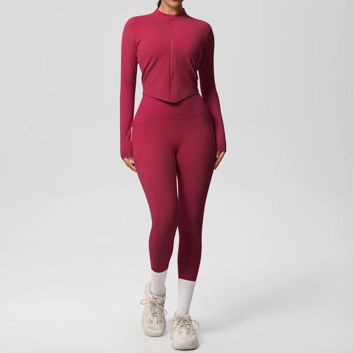 2-Piece Yoga Set: Zipper Shirt, Pocket Leggings, High-Stretch Nylon Gym Suit