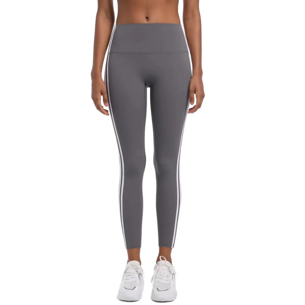 High-Waisted Striped Yoga Leggings – Stretchy Nylon Workout Pants