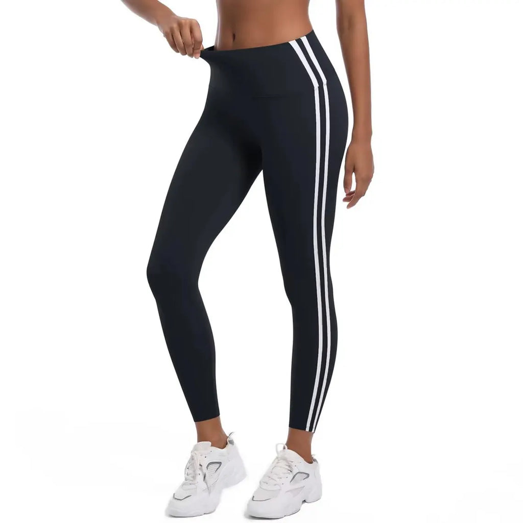 High-Waisted Striped Yoga Leggings – Stretchy Nylon Workout Pants