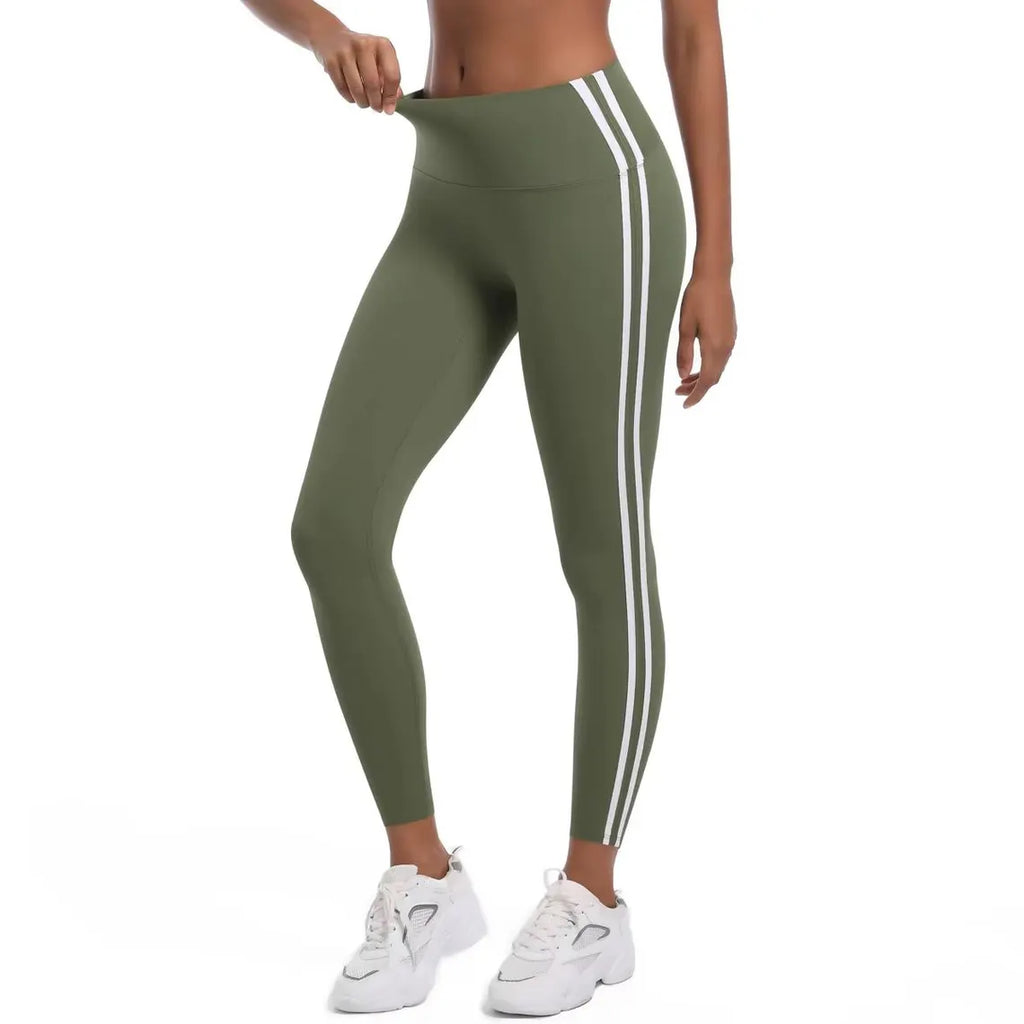 High-Waisted Striped Yoga Leggings – Stretchy Nylon Workout Pants