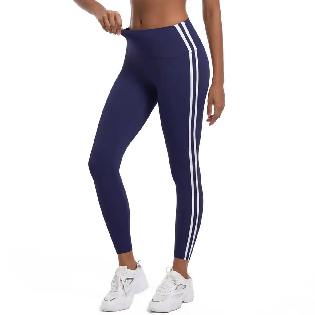 High-Waisted Striped Yoga Leggings – Stretchy Nylon Workout Pants