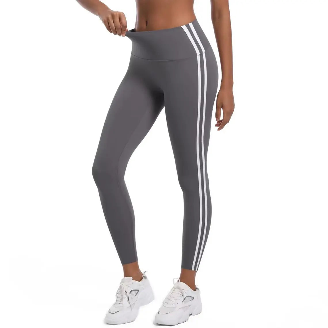 High-Waisted Striped Yoga Leggings – Stretchy Nylon Workout Pants