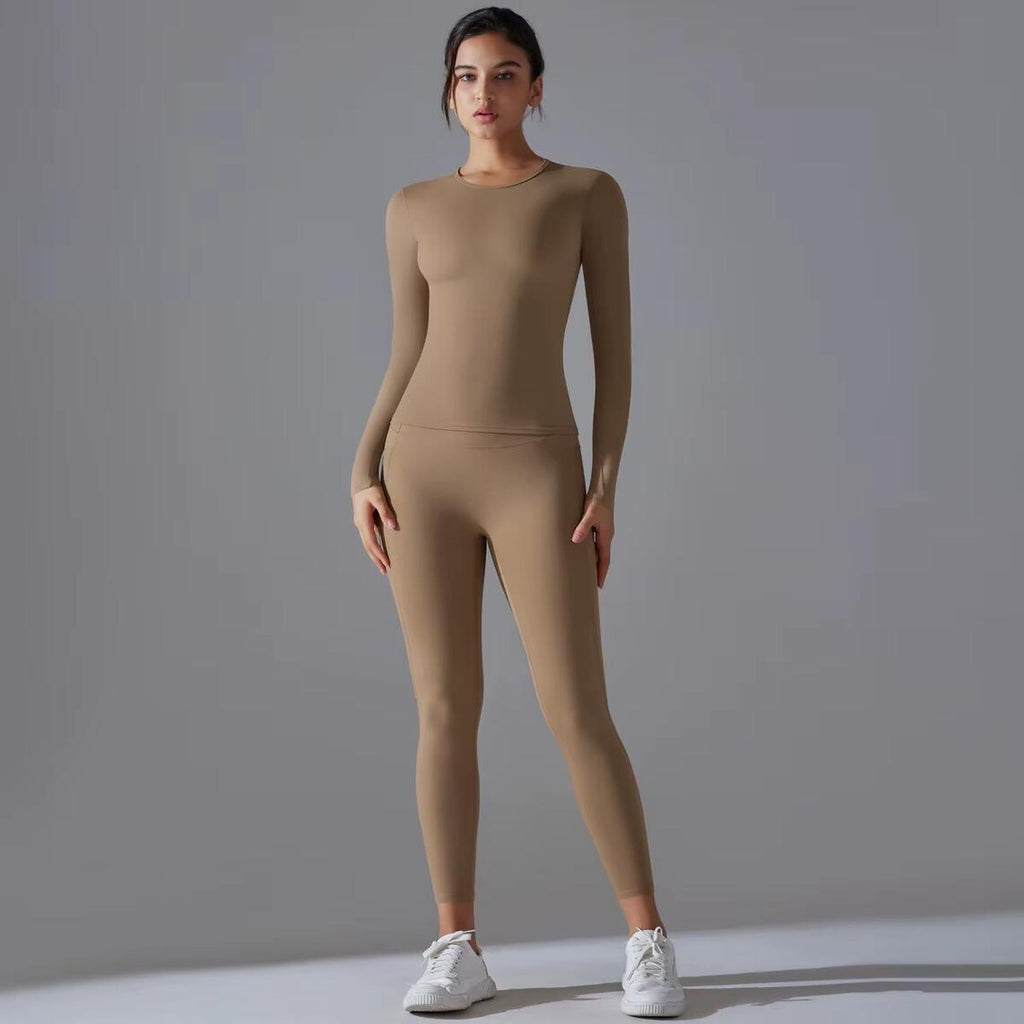 Seamless Yoga Set: High Waist Leggings with Pocket, Long Sleeve Crop Top