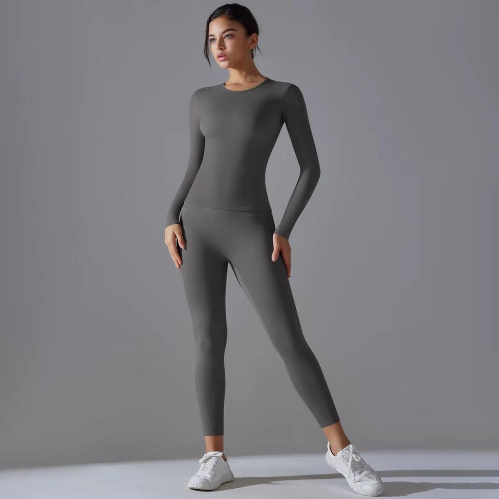 Seamless Yoga Set: High Waist Leggings with Pocket, Long Sleeve Crop Top