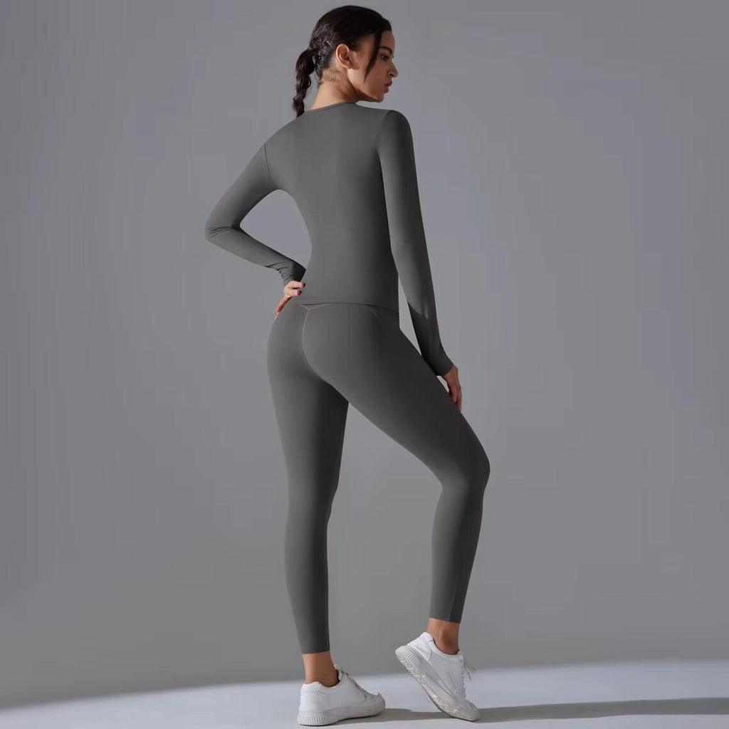 Seamless Yoga Set: High Waist Leggings with Pocket, Long Sleeve Crop Top