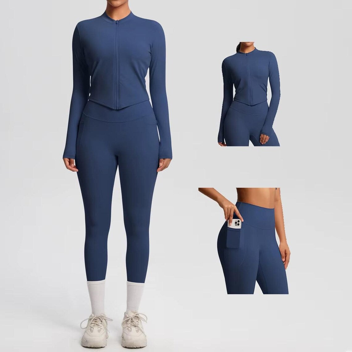 2-Piece Yoga Set: Zipper Shirt, Pocket Leggings, High-Stretch Nylon Gym Suit