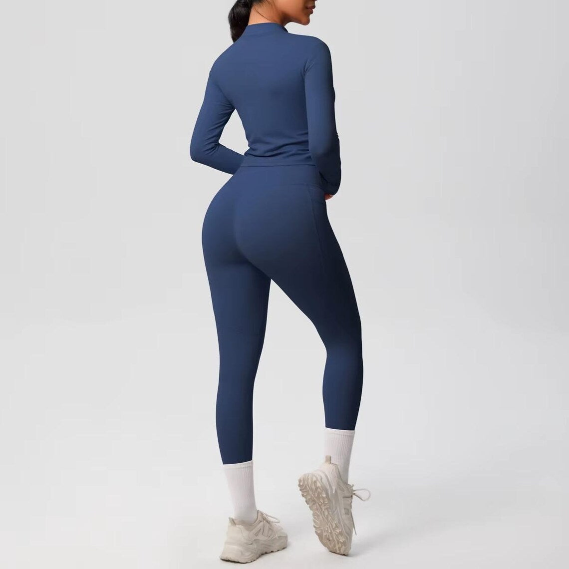 2-Piece Yoga Set: Zipper Shirt, Pocket Leggings, High-Stretch Nylon Gym Suit