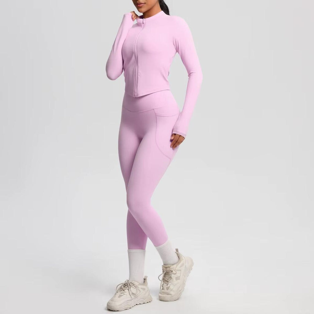 2-Piece Yoga Set: Zipper Shirt, Pocket Leggings, High-Stretch Nylon Gym Suit