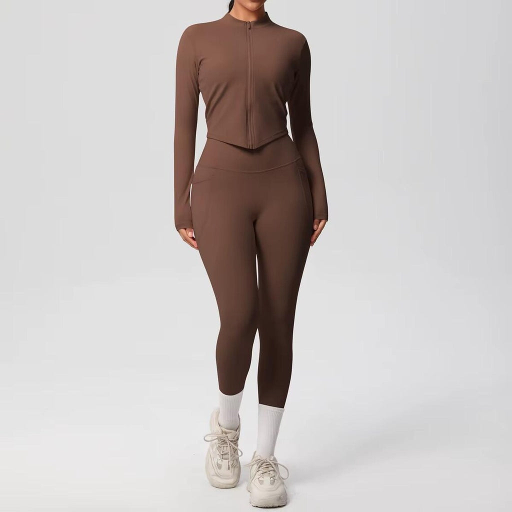 2-Piece Yoga Set: Zipper Shirt, Pocket Leggings, High-Stretch Nylon Gym Suit