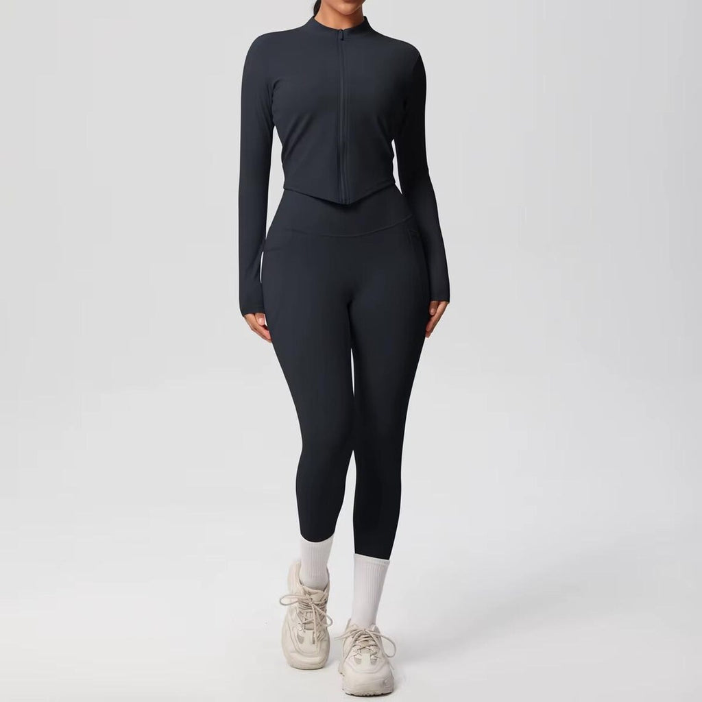 2-Piece Yoga Set: Zipper Shirt, Pocket Leggings, High-Stretch Nylon Gym Suit
