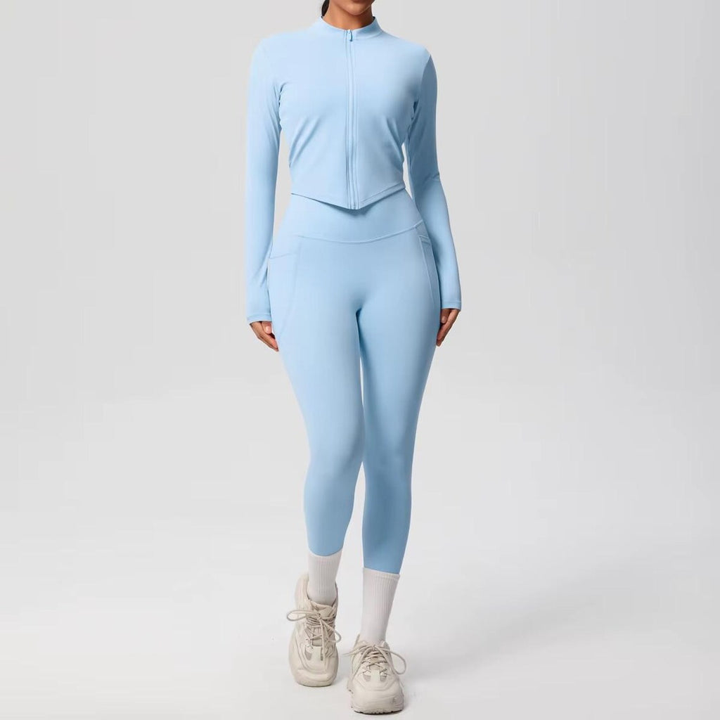 2-Piece Yoga Set: Zipper Shirt, Pocket Leggings, High-Stretch Nylon Gym Suit