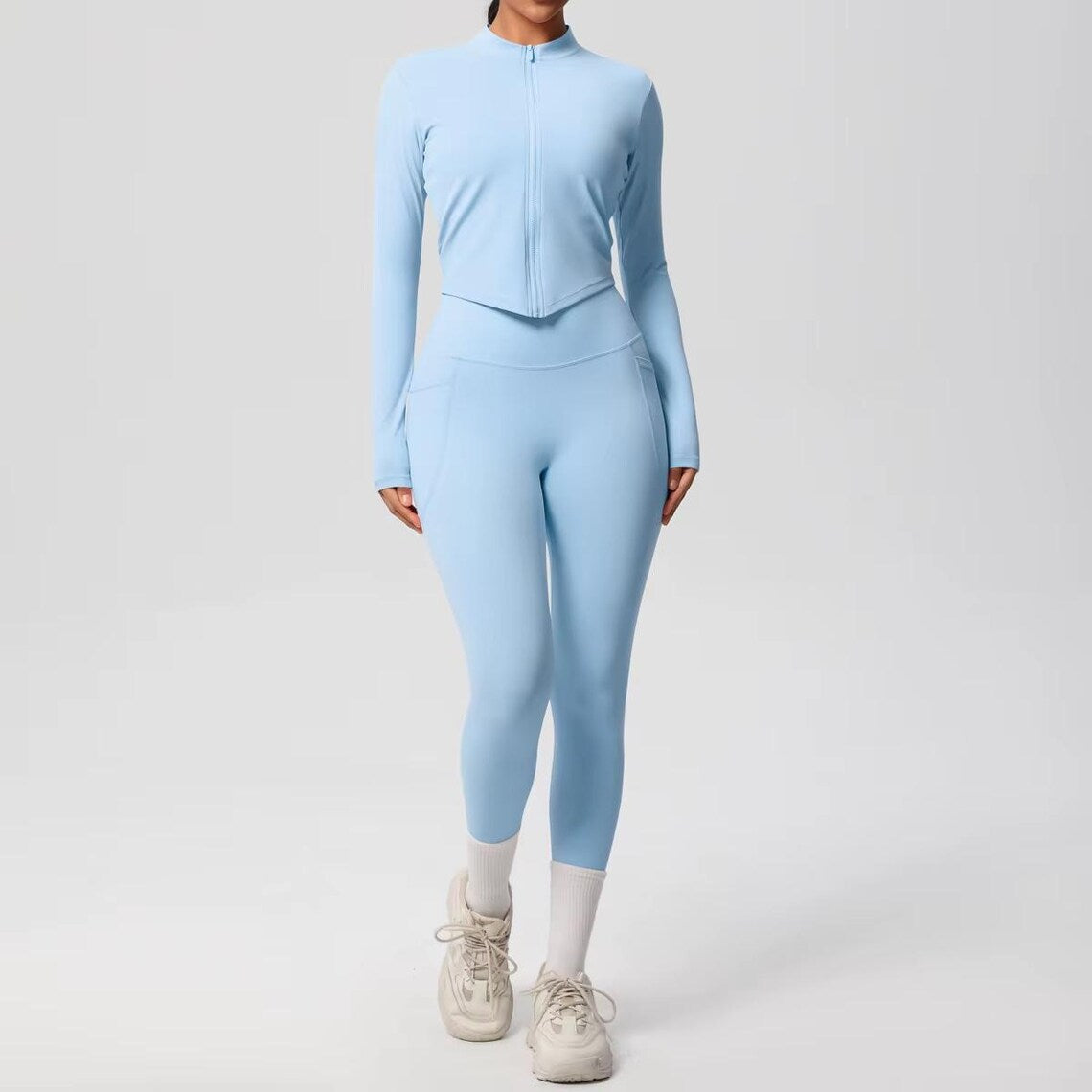 2-Piece Yoga Set: Zipper Shirt, Pocket Leggings, High-Stretch Nylon Gym Suit