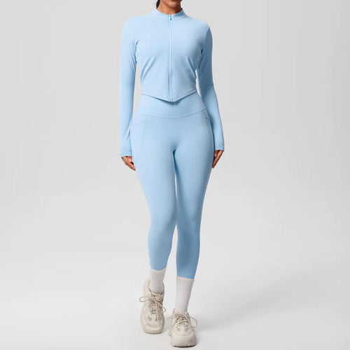 2-Piece Yoga Set: Zipper Shirt, Pocket Leggings, High-Stretch Nylon Gym Suit