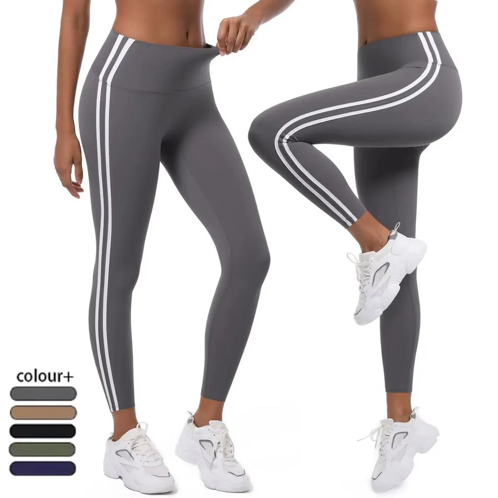 High-Waisted Striped Yoga Leggings – Stretchy Nylon Workout Pants