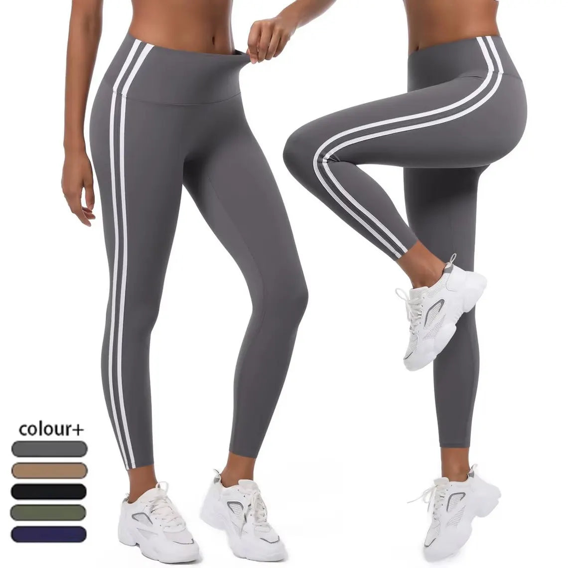 High-Waisted Striped Yoga Leggings – Stretchy Nylon Workout Pants