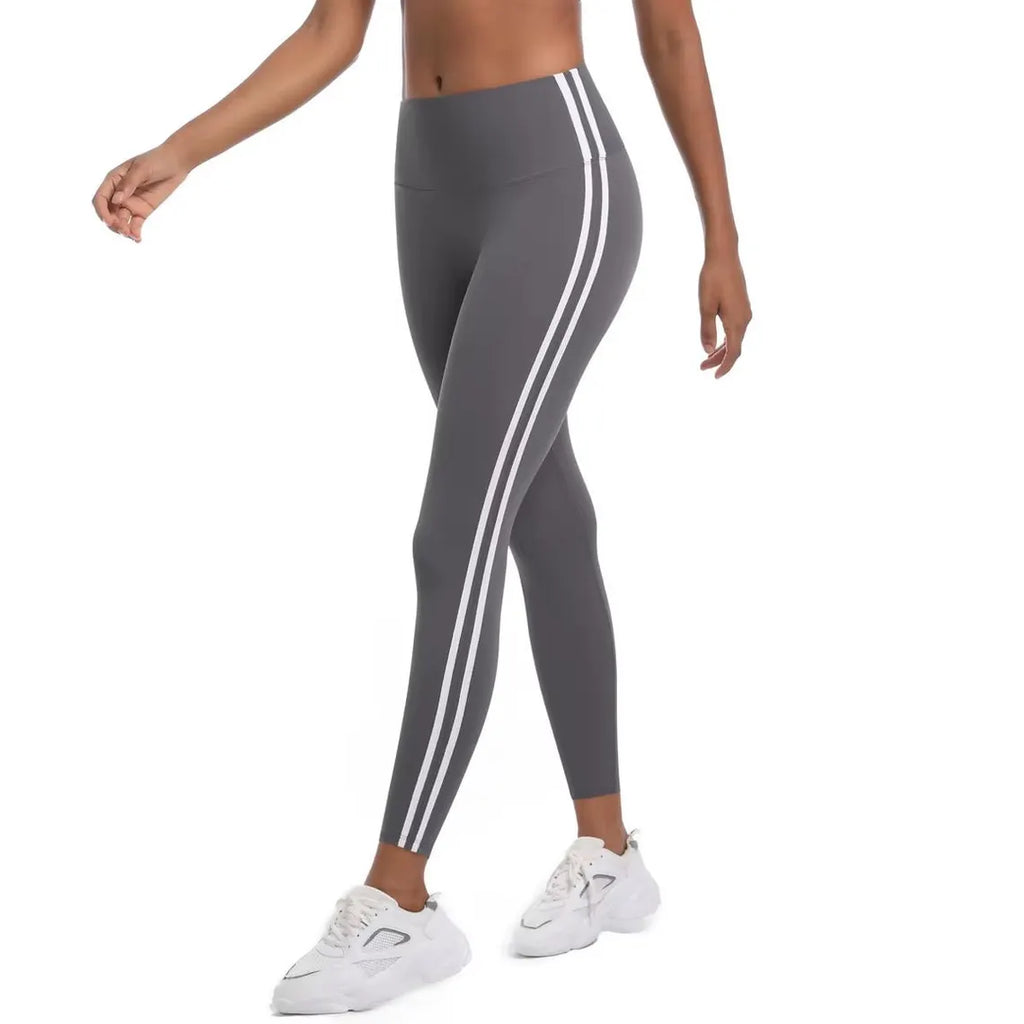 High-Waisted Striped Yoga Leggings – Stretchy Nylon Workout Pants