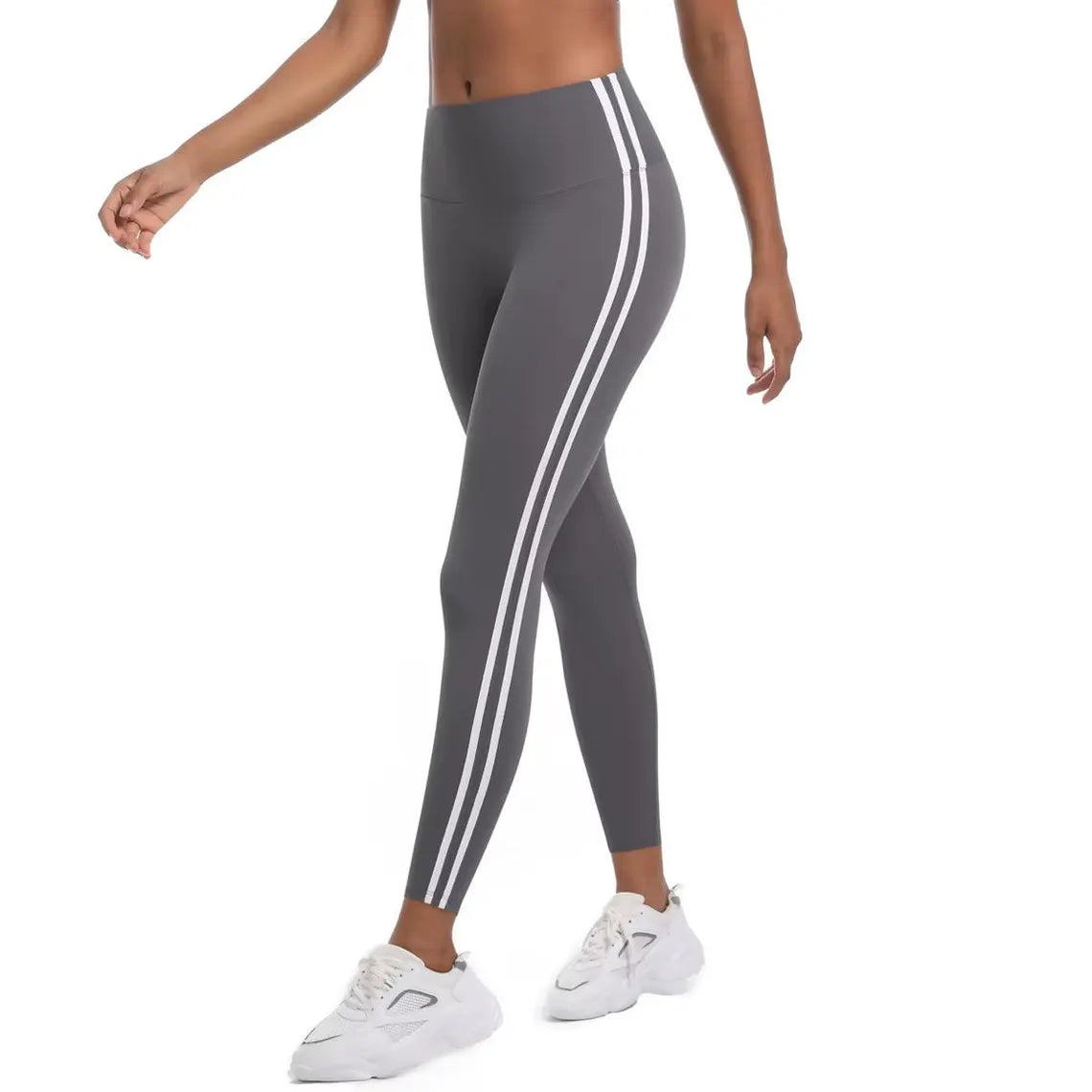 High-Waisted Striped Yoga Leggings – Stretchy Nylon Workout Pants