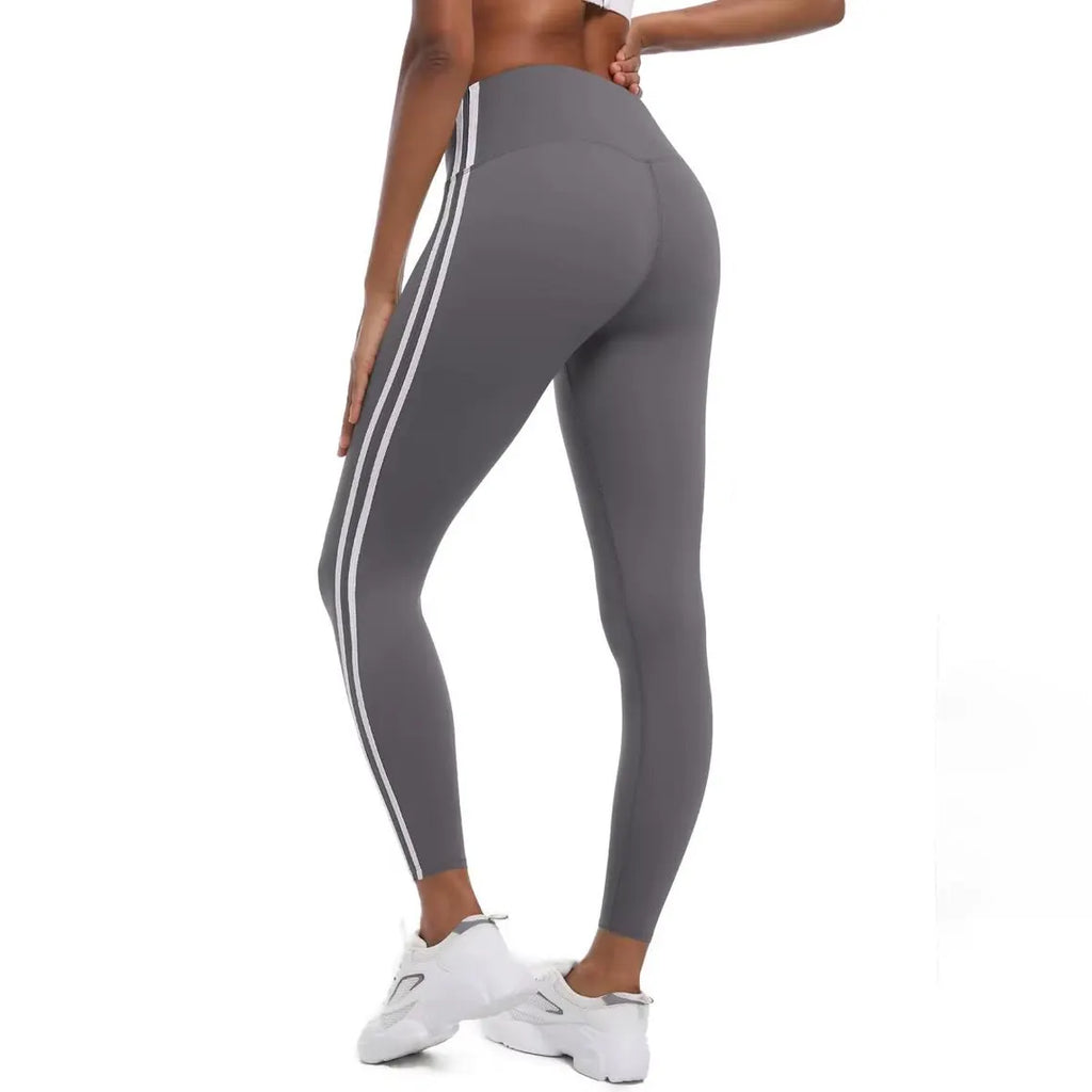 High-Waisted Striped Yoga Leggings – Stretchy Nylon Workout Pants