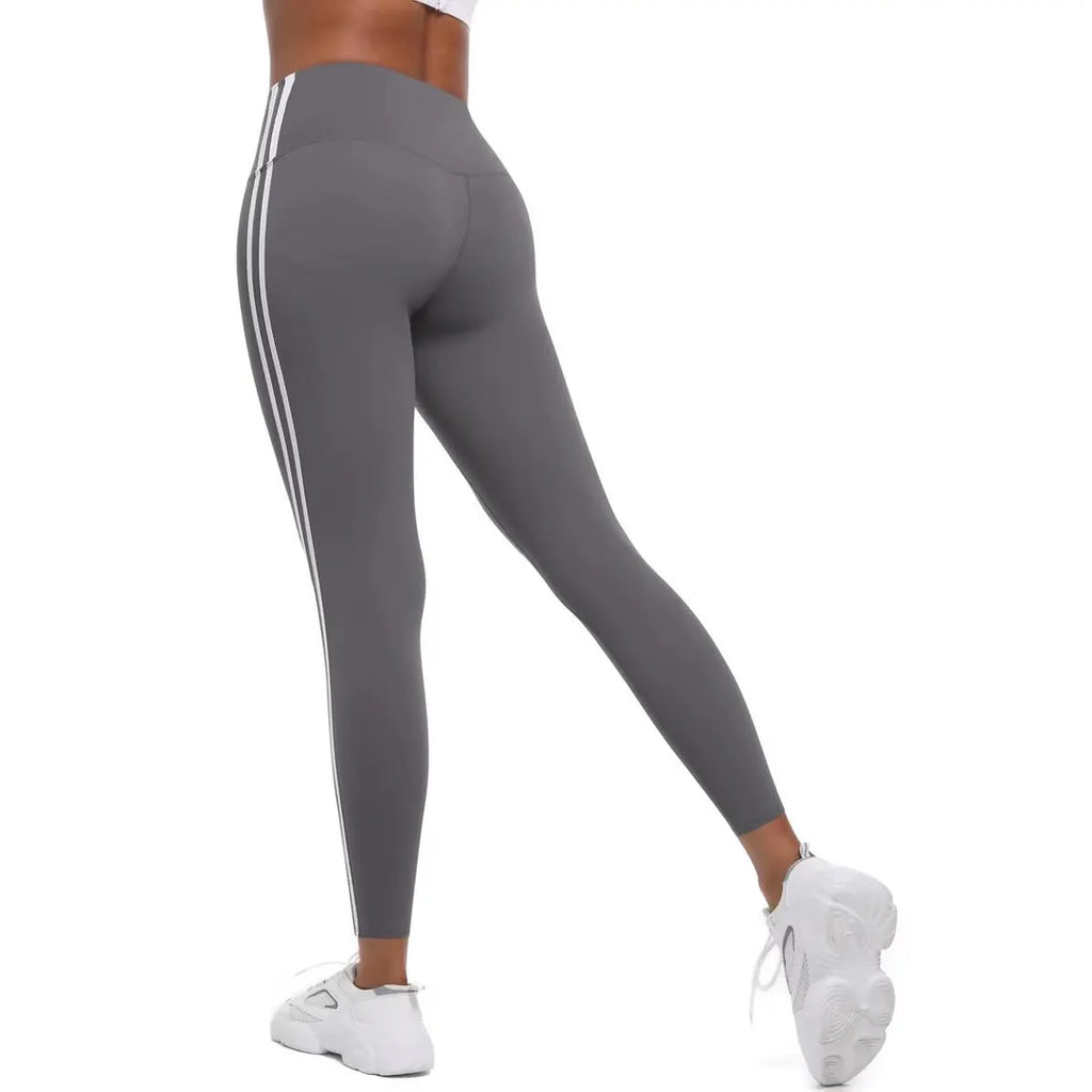 High-Waisted Striped Yoga Leggings – Stretchy Nylon Workout Pants