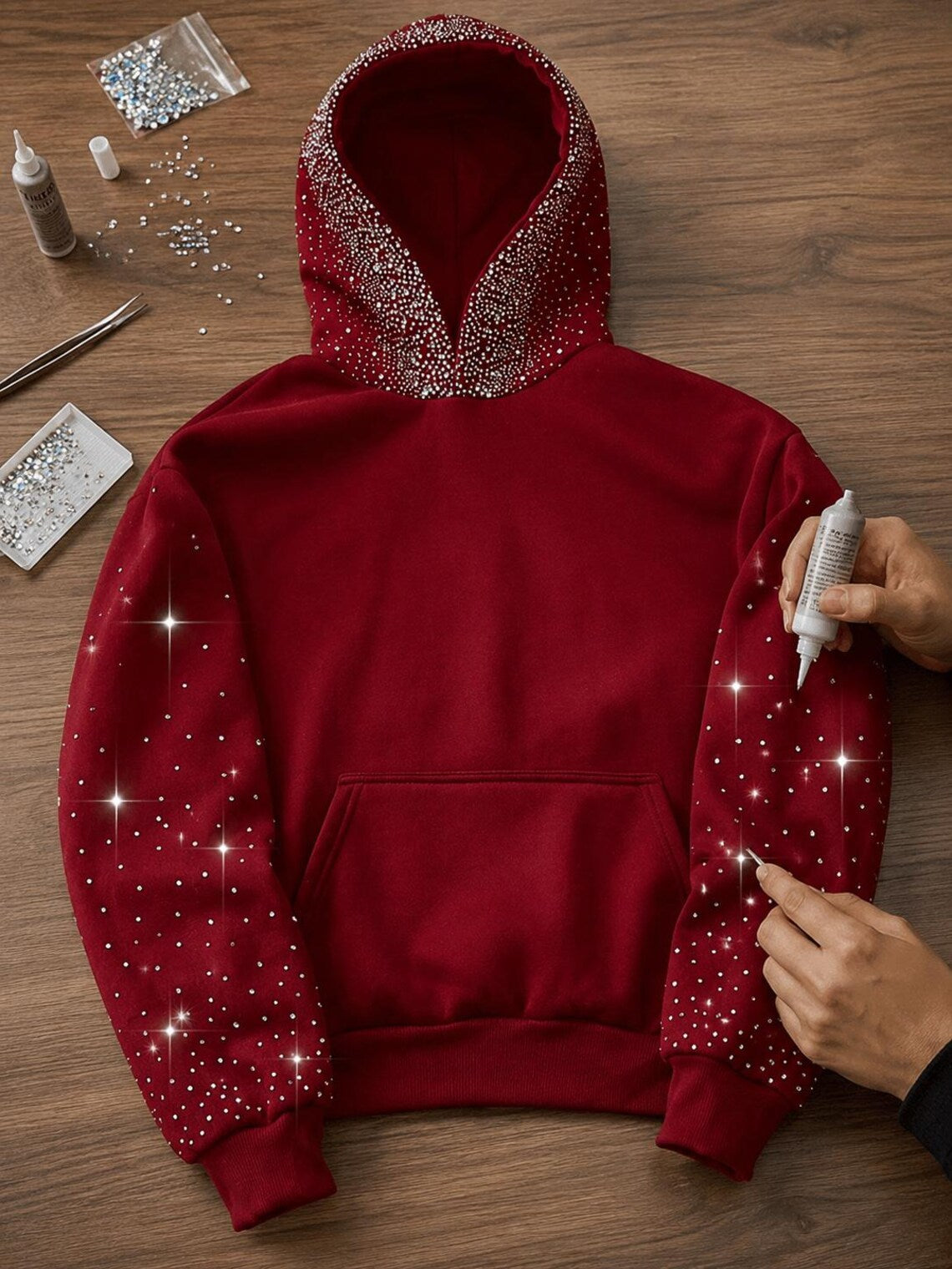 Handmade Y2K Rhinestone Oversized Pullover Sparkly Streetwear Unisex Hoodie