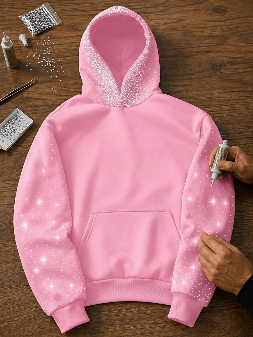 Handmade Y2K Rhinestone Oversized Pullover Sparkly Streetwear Unisex Hoodie