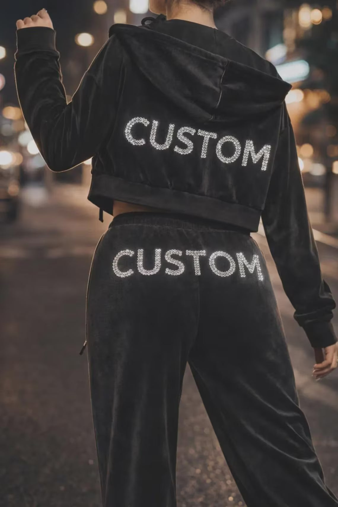 Women Y2K Velour Tracksuit Custom Bling Hoodie And Sweatpants