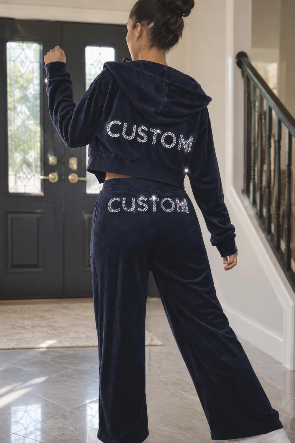Women Y2K Velour Tracksuit Custom Bling Hoodie And Sweatpants